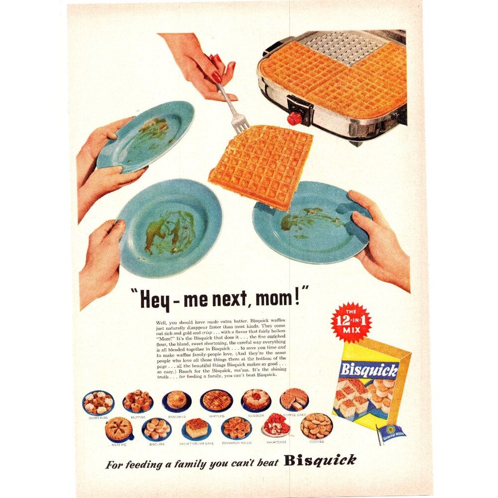1952 Bisquick Waffles Waffle Maker Iron Vintage Print Ad Breakfast 50s Wall Art